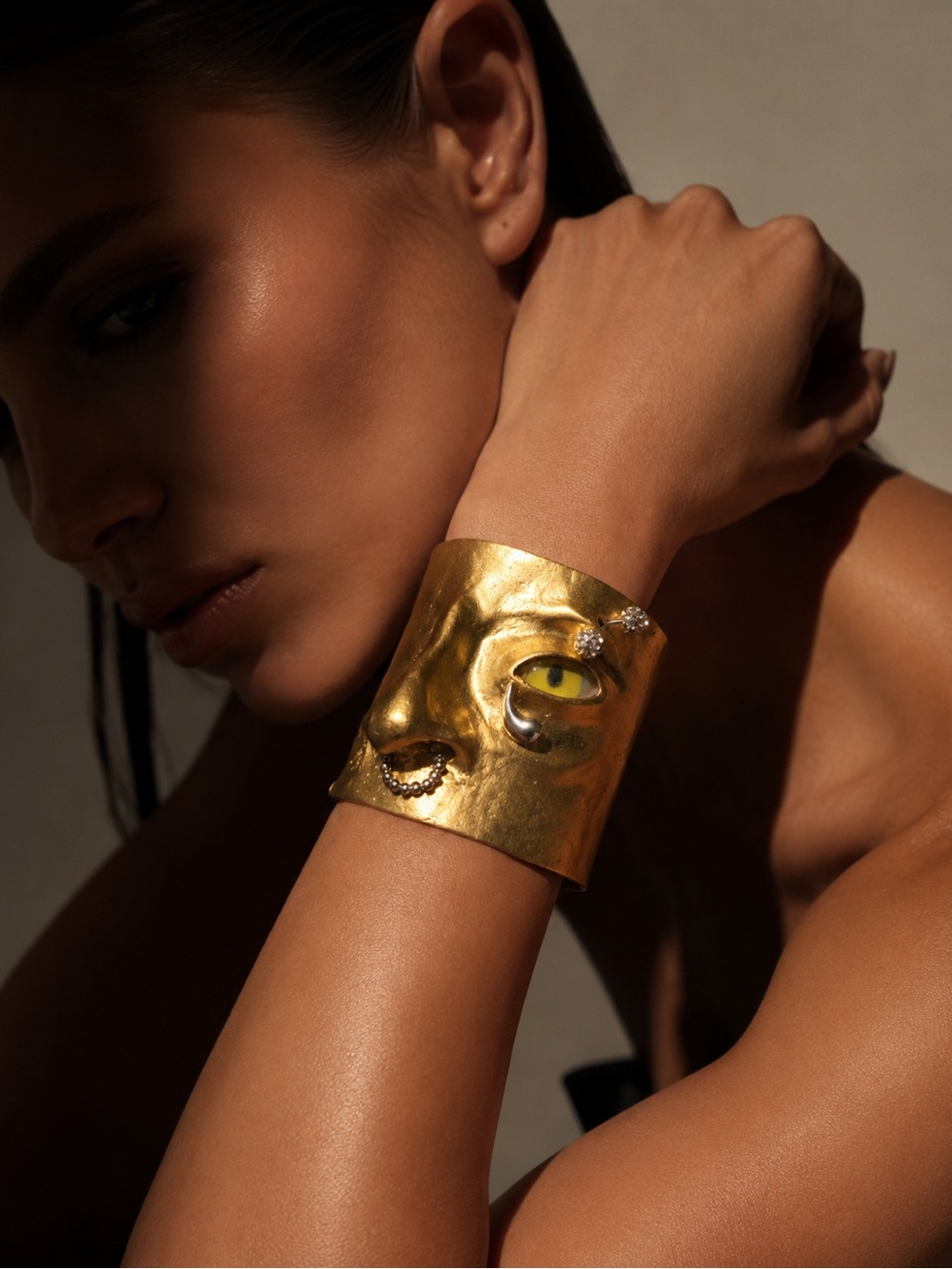 Gold Surrealist Sculptural Face Cuff Bracelet - Women's Statement Jewelry